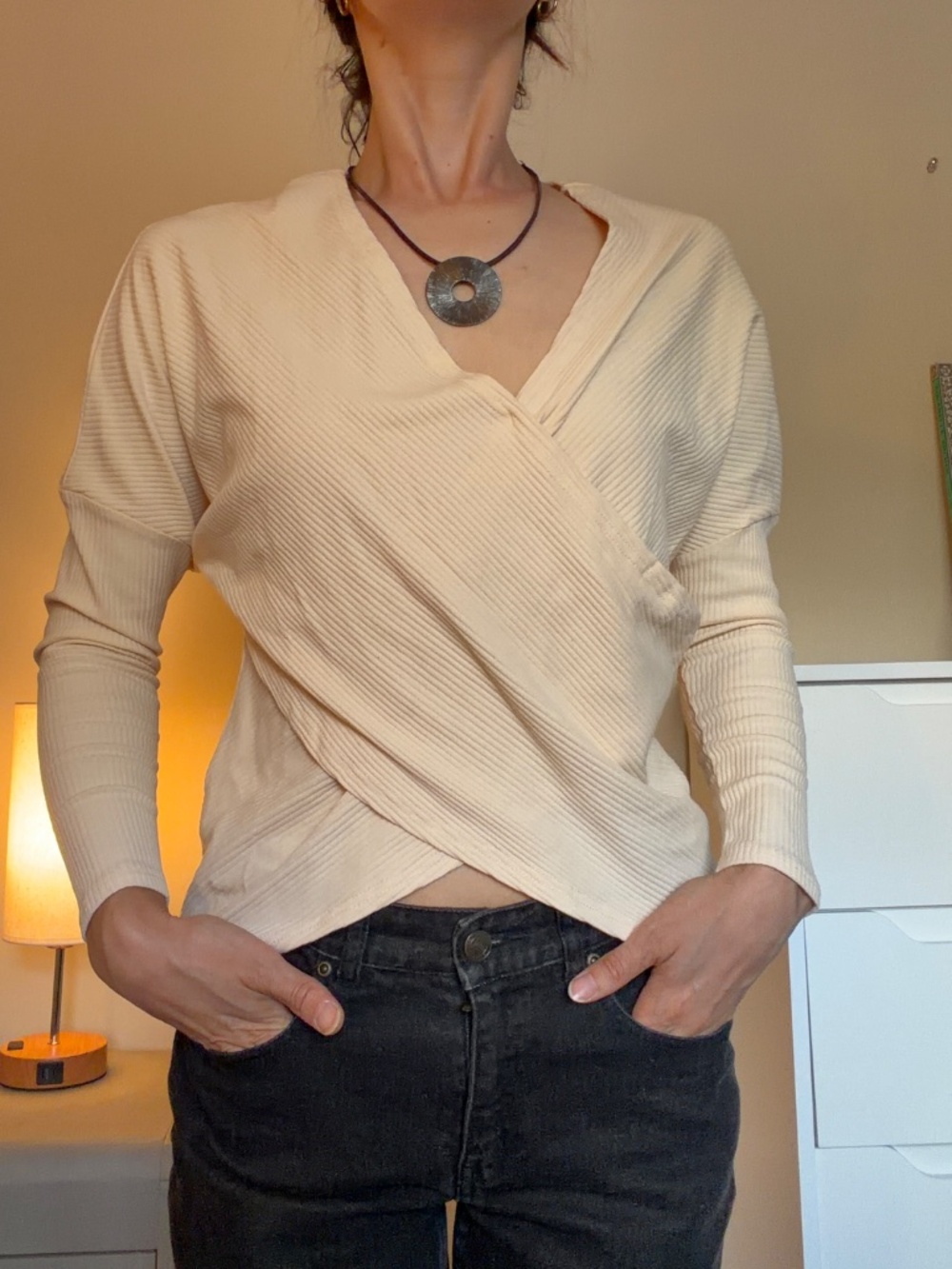 Cream V-Neck Sweater Ribbed Knit Wrap Top Pullover